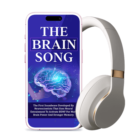 Smartphone displaying ‘The Brain Song’ with a glowing brain graphic on the screen, shown next to a pair of white over-ear headphones.